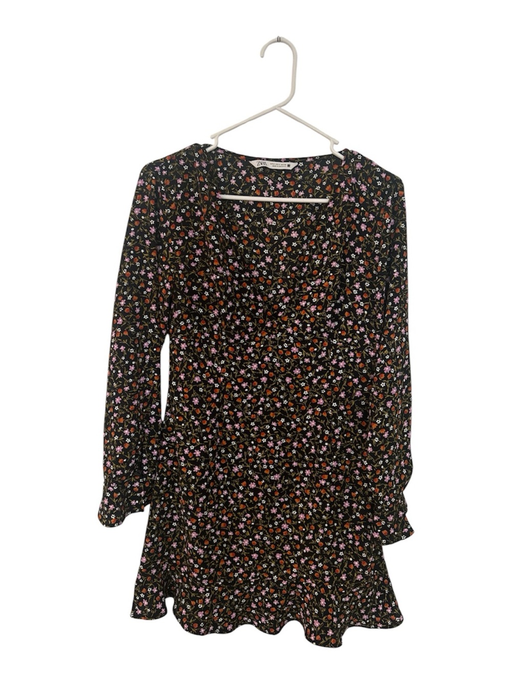 Zara Black Floral Long-Sleeve Ruffles Deep V-Neck Mini Dress